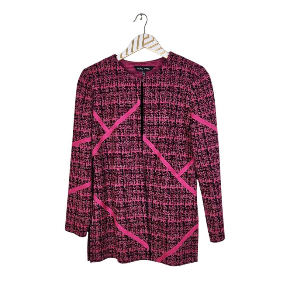 MING WANG Blazer Womens Small Pink Black Striped Open Jacket Top‎